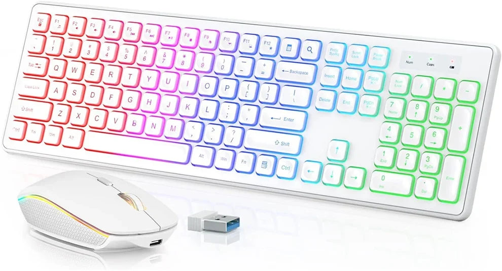 USB Wireless Keyboard and Mouse Set RGB Backlit Rechargeable Light Up Letters Full-Size Wireless Keyboard for Computer