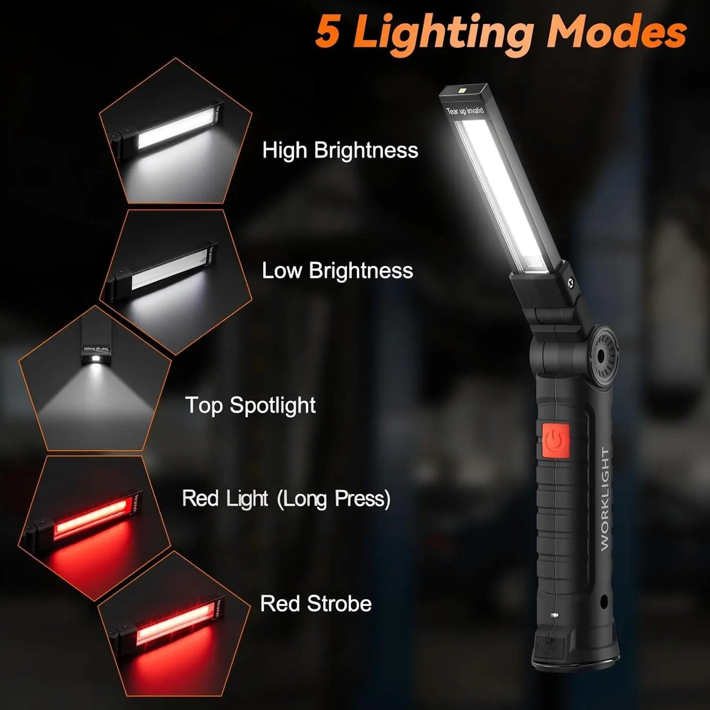 360° Rotating LED Work Light Sets 5 Modes USB Rechargeable Magnetic Base Hanging Hook Waterproof for Garage Auto Repair Camping