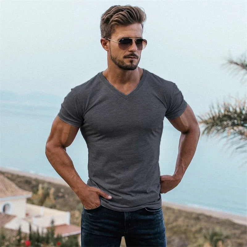 Hombres Moda Cuello V Manga Corta Fitness Ejercicio Verano Algodón Transpirable