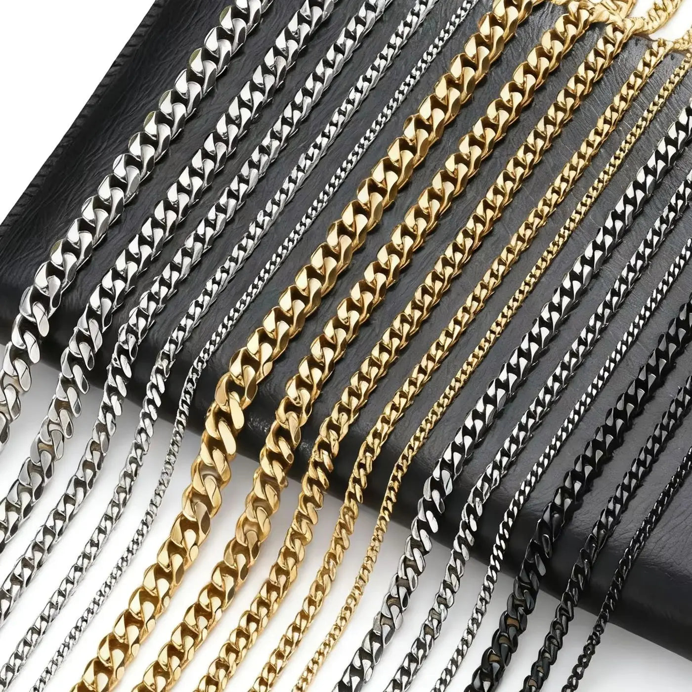 3-11mm Classic Cuban Chain Necklace for, Silver Black Gold Grey Color