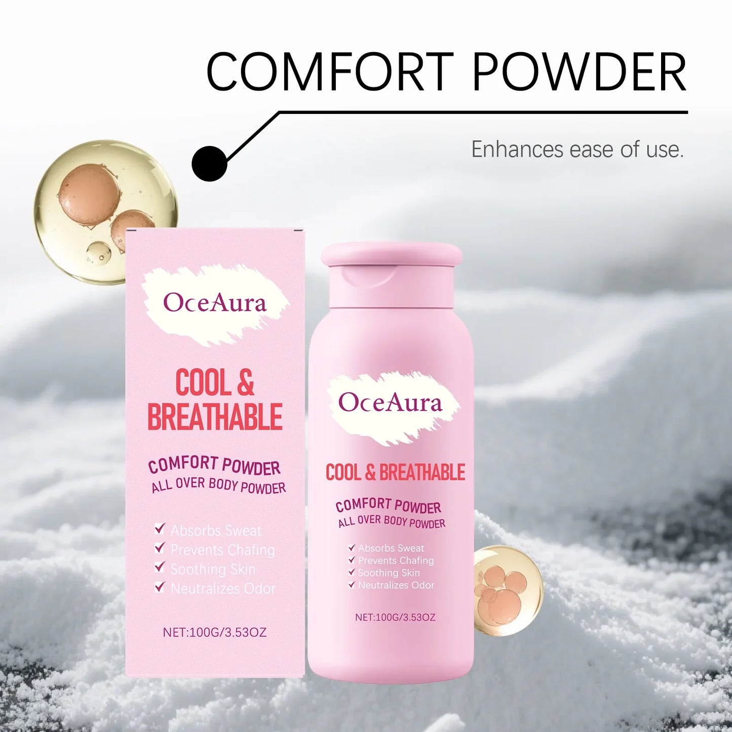 OceAura Body Powder Anti Sweat Armpit Groin Smooth Skin Soothing Comfortable Refreshing Odor Eliminator Anti Chafing Powder 100g