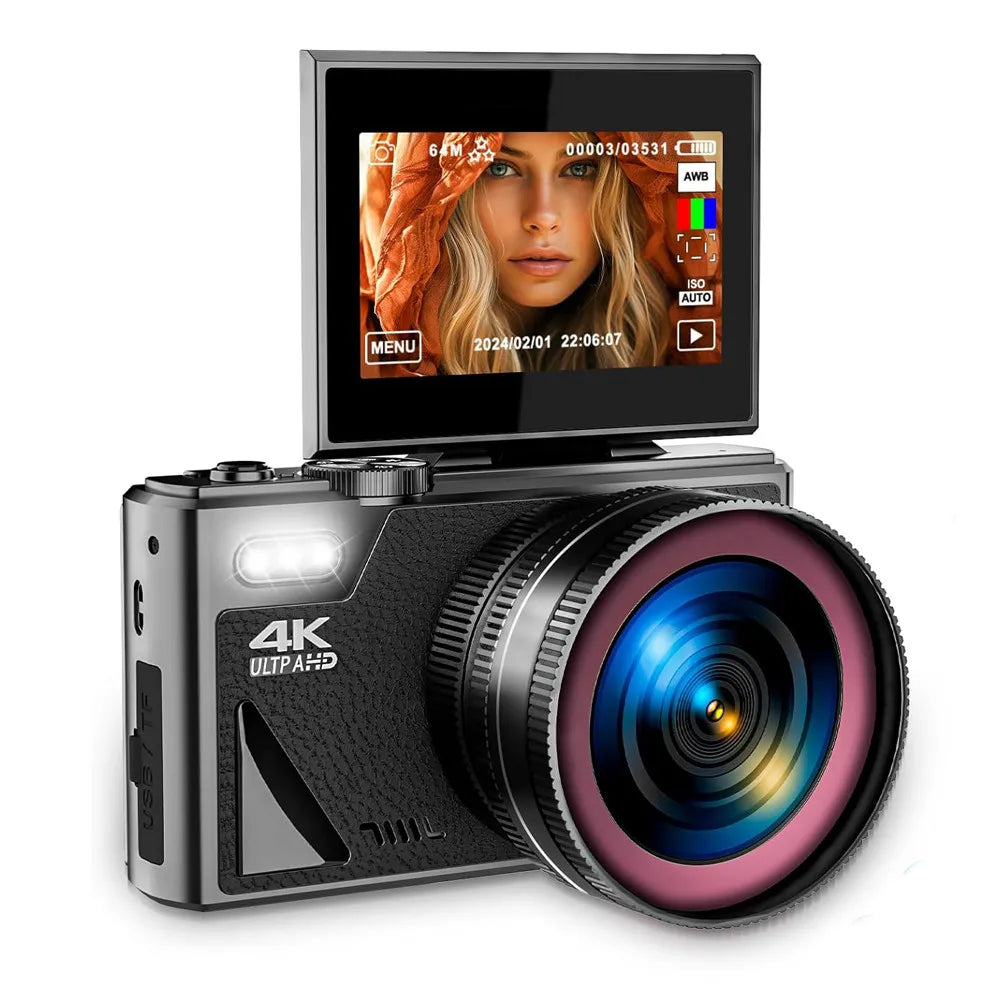 64MP 4K Digital Camera 180° Flip Screen 18X Zoom Selfie Vlog Camcorder Wide Angle Macro UHD Video Camera Livestream WiFi Webcam