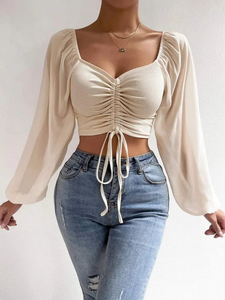 Plus Size Women Tops Drawstring Front Sheer Sleeve Crop T-Shirt Plunge Neck Long Sleeve Ribb-knit Ruched Blouse Spring Summer