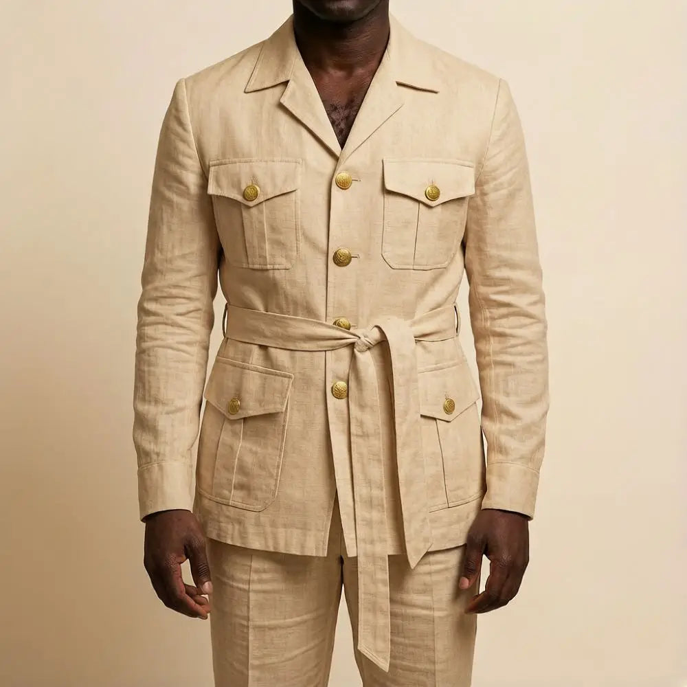 Mens Off White Linen Safari Suits 2 Piece Notched Lapel Prom Suit with Belt Gold Buttons Multi Pockets Beach Summer Wedding