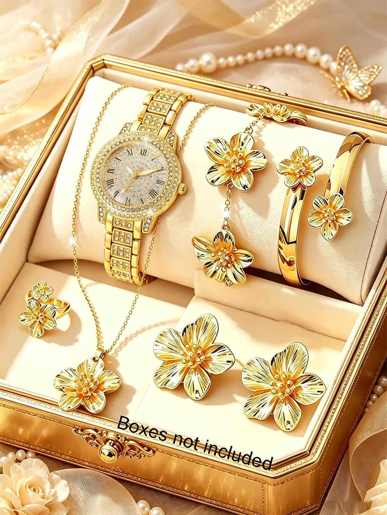 Ladies round Shell Embedded Quartz Watch Set with Floral Bracelet Necklace Ring Bracelet Earring - Festive Gift
