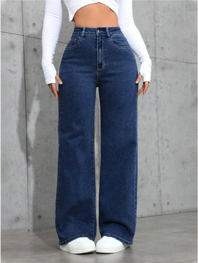 Fashion Solid Color High-Waisted Straight-Leg Jeans Women Loose Pockets Jeans Suitable Daily Casual Jean