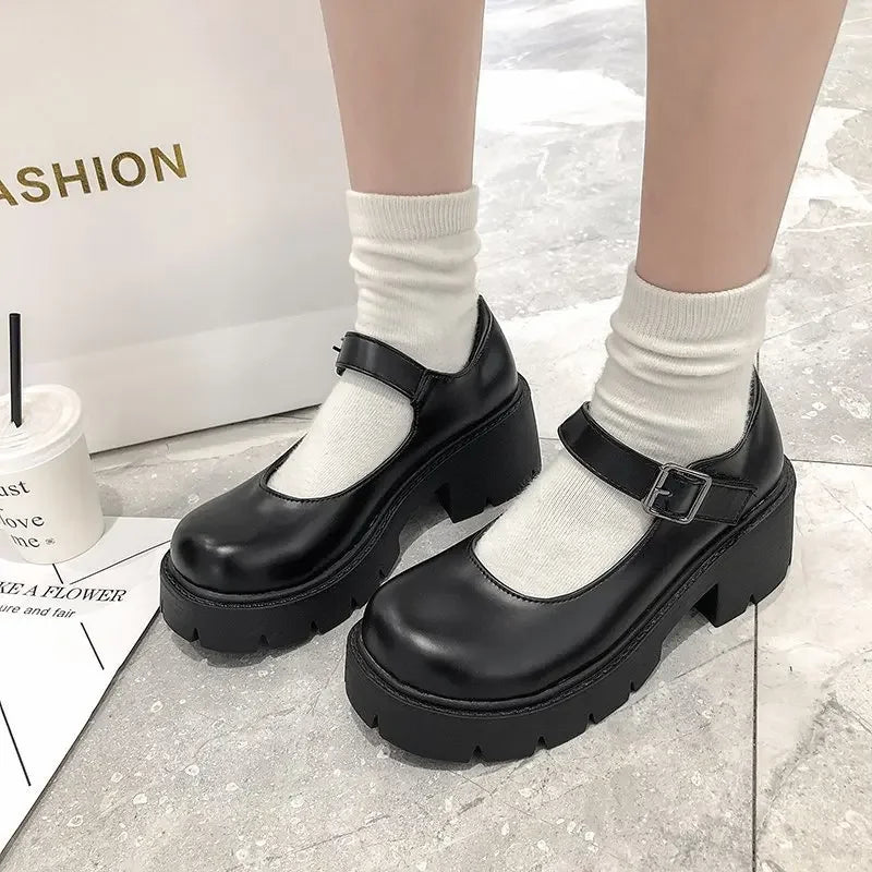 Zapatos de tacón alto Mary Jane de charol para mujer, estilo japonés, con plataforma al tobillo, hebilla, uniforme JK, zapatos Lolita