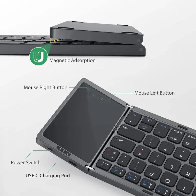 New Foldable Bluetooth Keyboard with Touchpad, Ultra-Thin Portable Wireless Keyboard for Tablet/Phone/Laptop