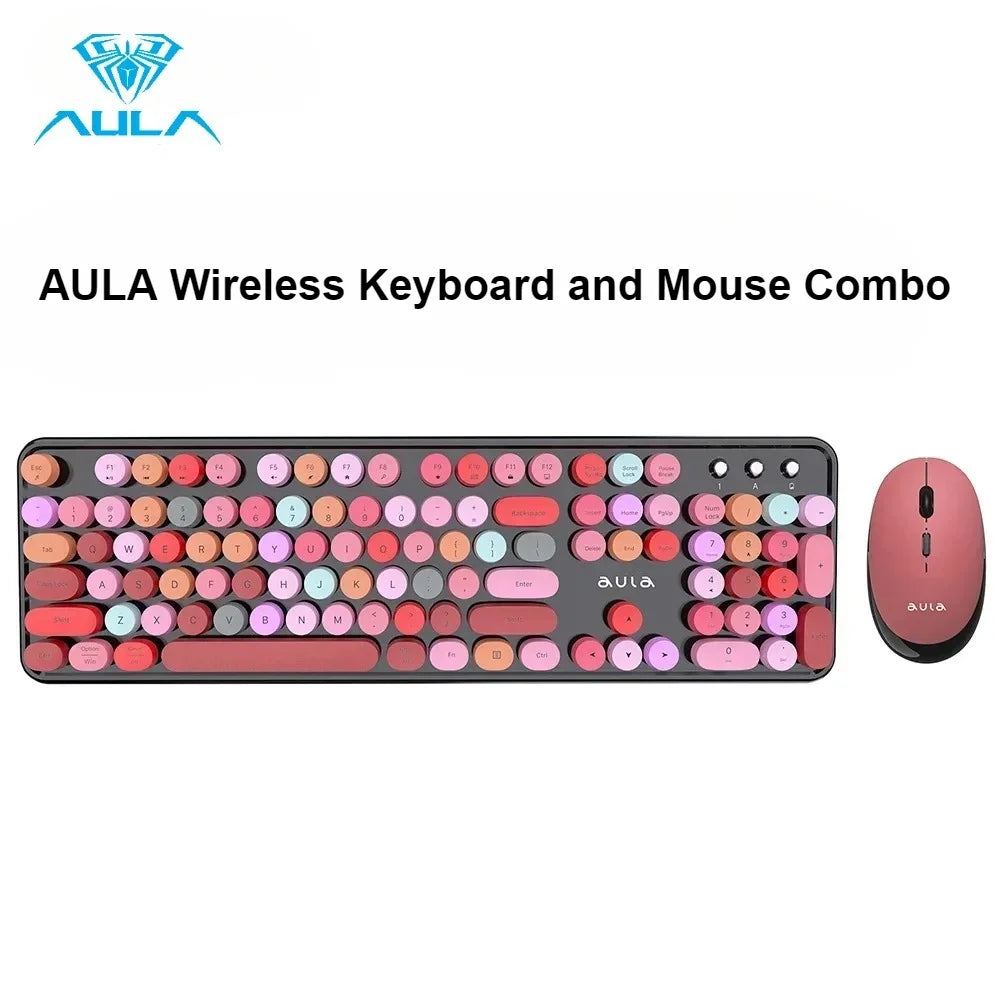 AULA Wireless Keyboard Mouse Combo 104 Keys Retro Round Keycaps Silent Typing 2.4G Ergonomic Office Gaming Set for PC Laptop