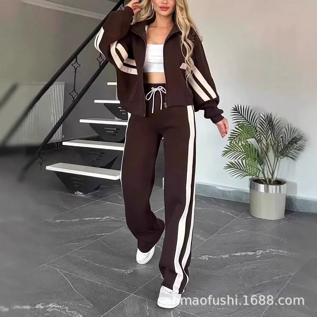 Striped Zipper Coat+sweatpants Two Piece Set Women Casual Batwing Sleeve Sports Jacket Outfits Autumn Winter Sweatshirt Suit Y2K