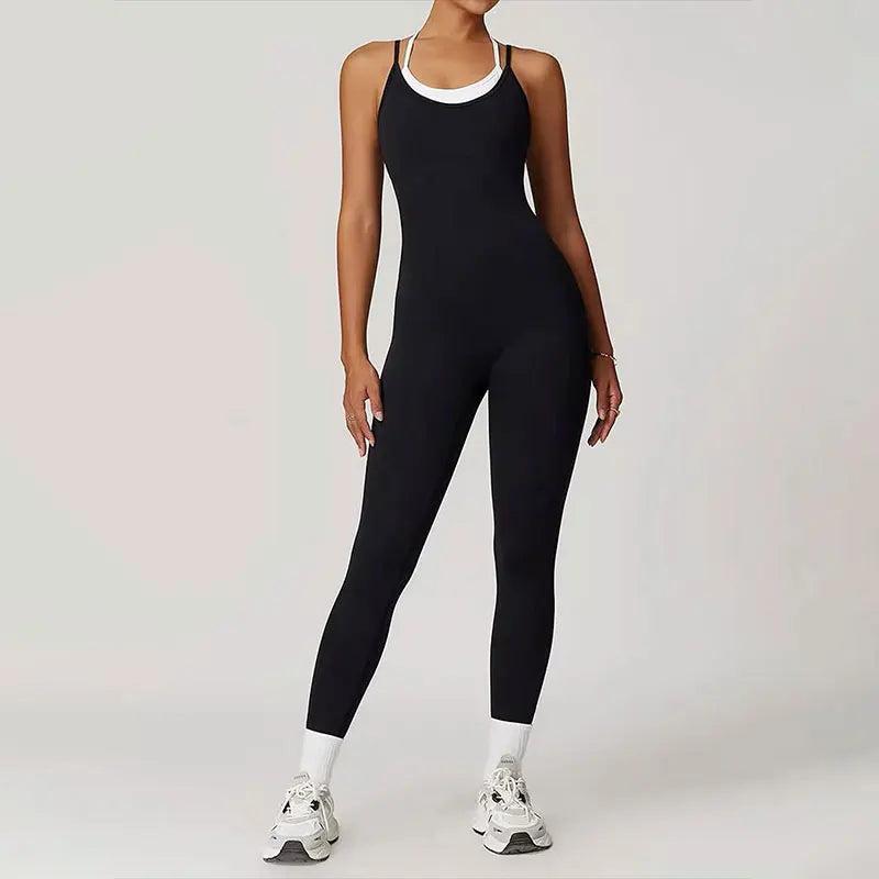 Monos deportivos para mujer, sin espalda, a la moda, cuello redondo, color negro