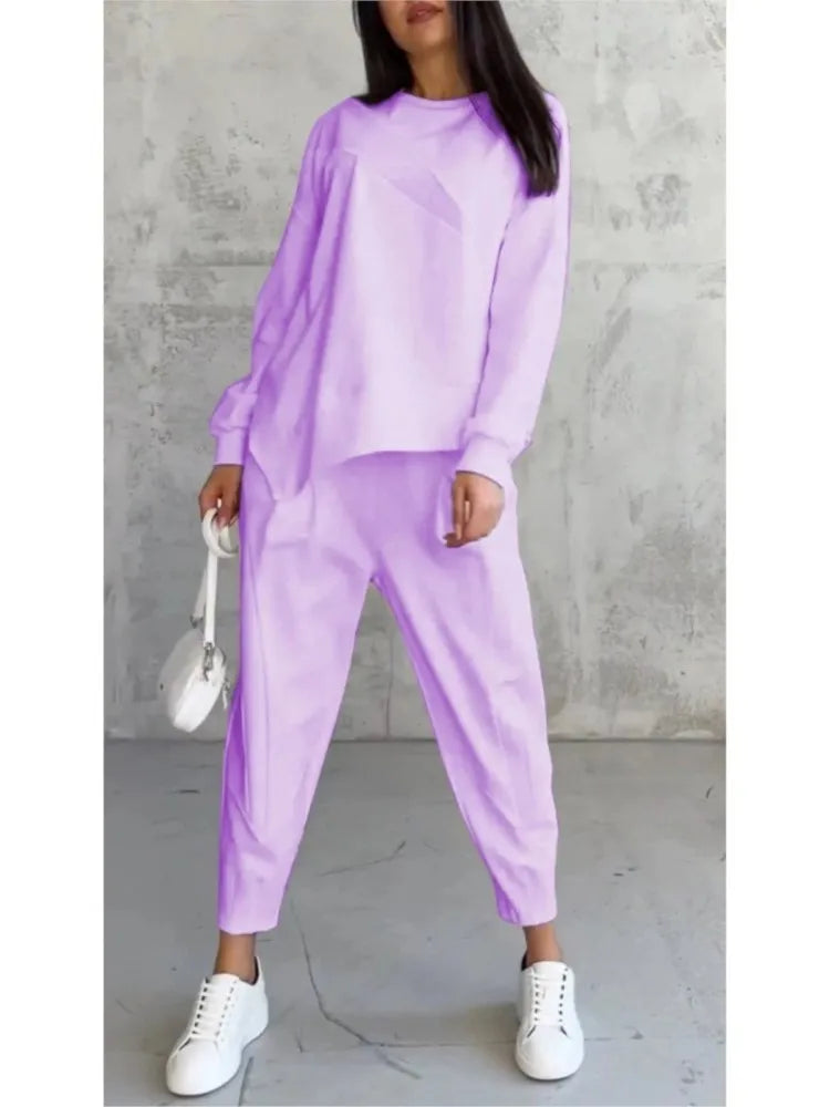 Autumn Winter Solid Color Casual Loose Irregular Long Sleeve Hoodie Women's Suit Fashion Simple Harun Pants Female 2 Piece Set