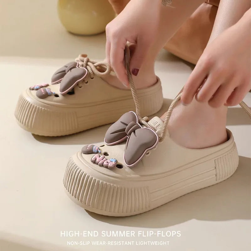 Women Fashion Clogs DIY Cute Bowknot Summer Platform Shoes Female Home Street Slippers Soft EVA Close Toe Girls Beach Sandals