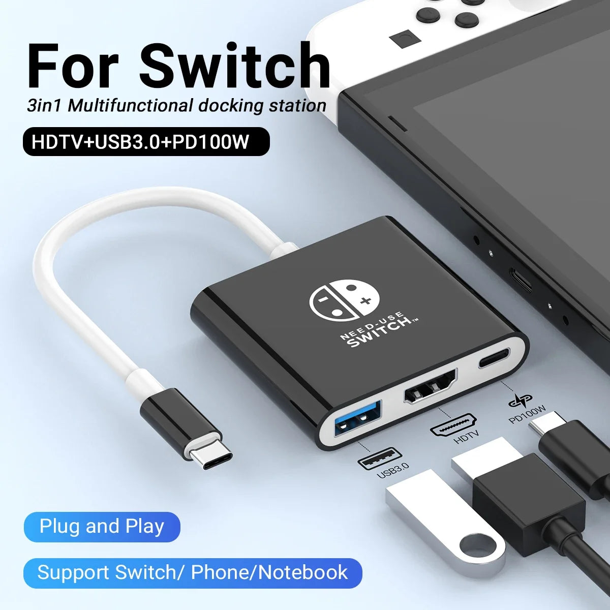3 in 1 USB C Docking Station 4K HDMI GAME HUB Adapter 100W PD USB 3.0 Hub for Switch, MacBook & Phones