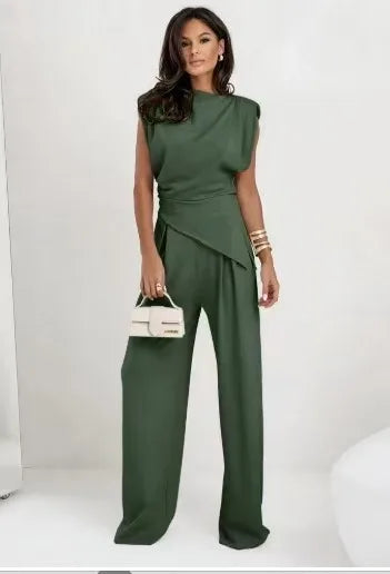 Summer Fashion Solid Two Piece Sets Women Elegant Slim Office Suit Casual Irregular Top And Wide Leg Pants 2 Piece Set Female