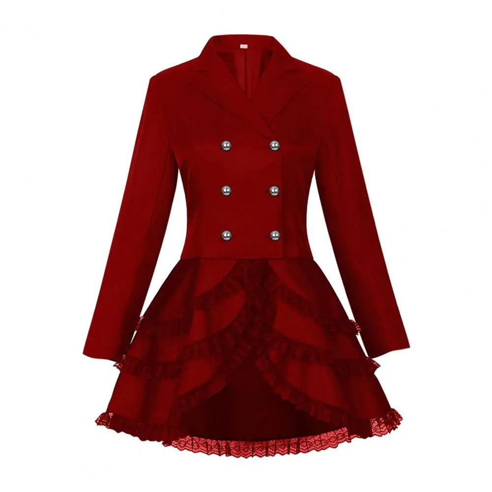 Women Double Breasted Victorian Steampunk Blazer Coat Gothic Tuxedo Tailcoat Jacket with Lace Hem Halloween Uniform Costume