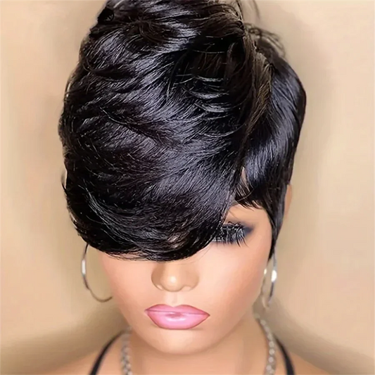 Peluca de cabello humano Remy hecha a máquina, corte pixie, 15 cm, color negro natural, densidad del 150 %, para uso diario o fiesta, peluca corta lisa estilo pixie