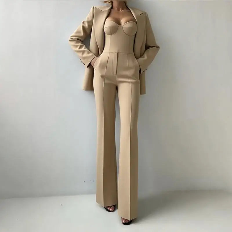 Solid Suit Jacket Corset Pants 3 Piece Set Women Corset Lapel Coat Straight Pants Lady Set 2026 Summer Autumn Commute Outfit New