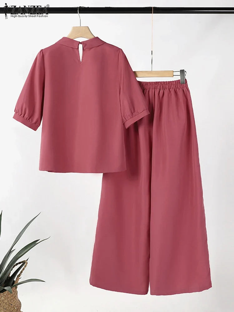 ZANZEA Fashion Short Sleeve Floral Embroidery Blouse Wide Leg Pants Sets 2PCS Women Summer Tracksuit Casual Loose Trousers Suits