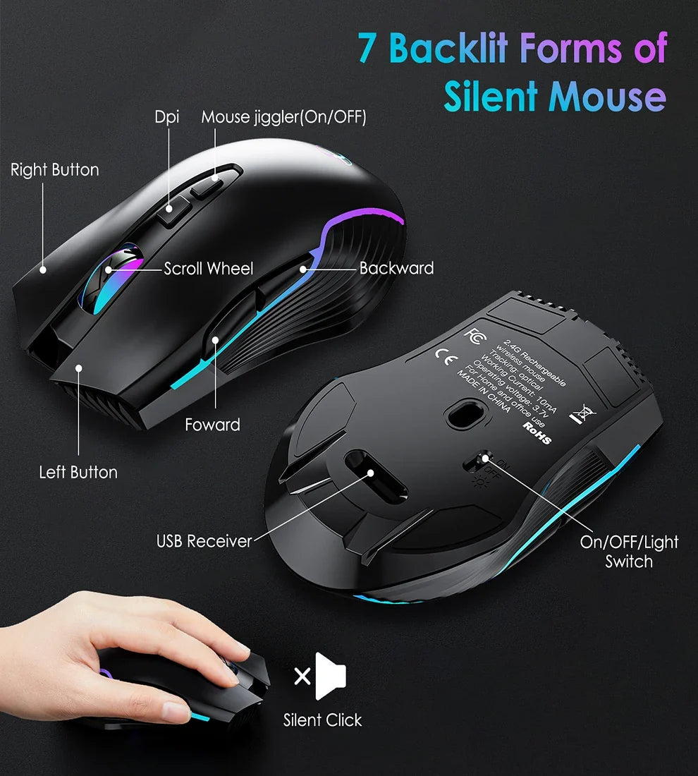 2.4G&Type-C Wireless Keyboard Mouse Combo with Wrist Rest,RGB Backlit,Silent Rechargeable Set for PC,Laptop,Window,Jiggler Mouse