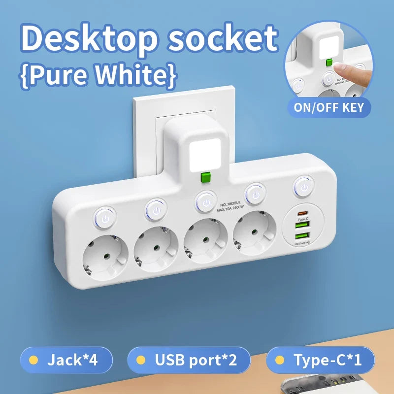 EU Plug Power Strip Outlets,4 Sockets with 2 USB Type-C port Wall Charger Two specifications for Home Offices Power Socket