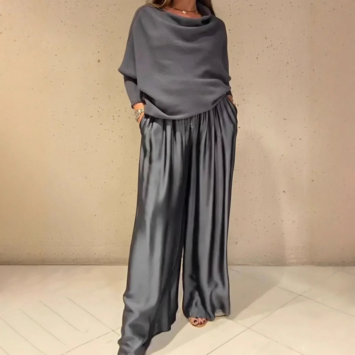 Fashion 2 Pieces Sets Women Elegant Off-shoulder Loose Tops And Satin Wide Leg Pants Sets 2026 Spring Casual Suit Woman Clothes