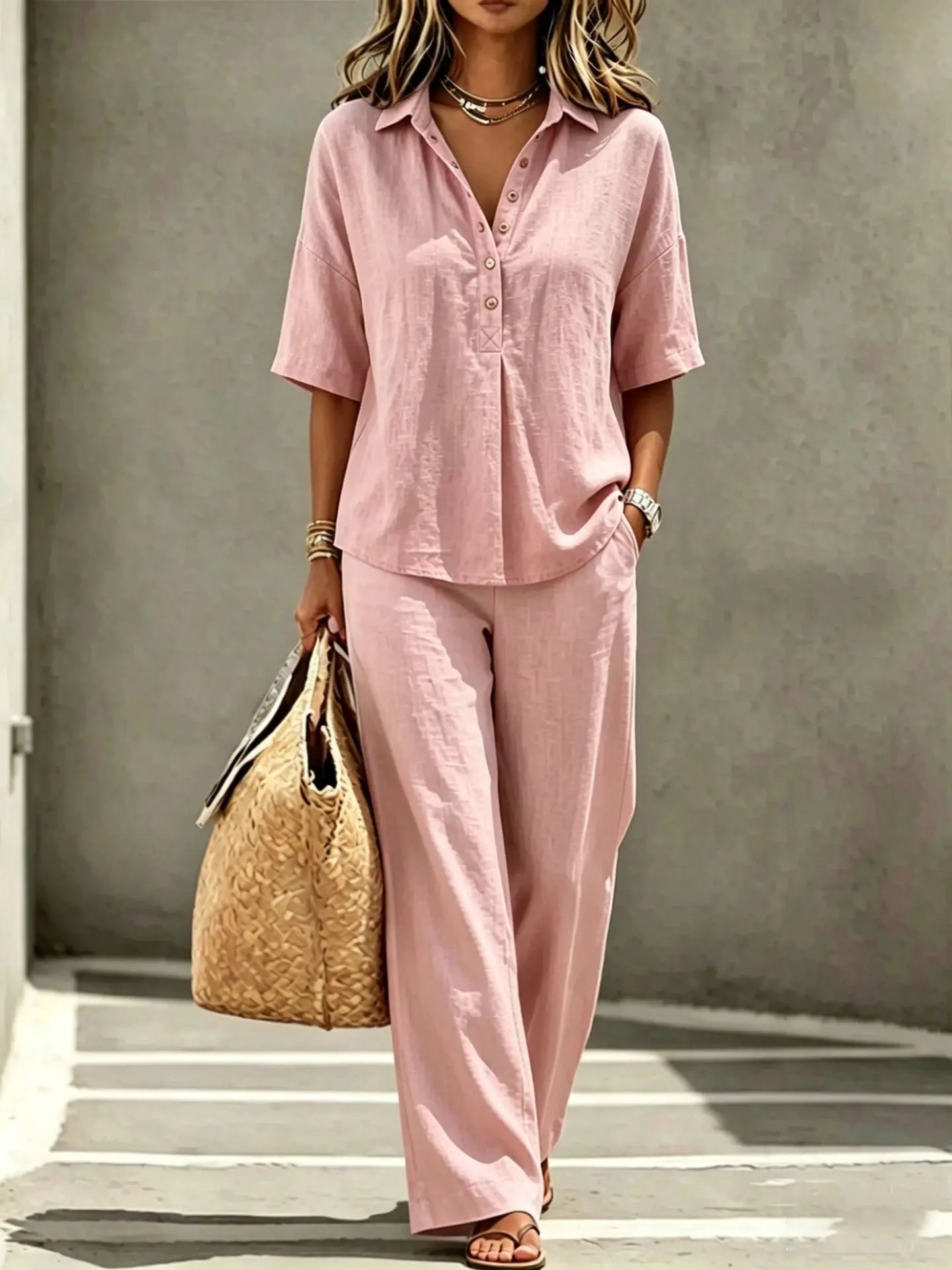 Elegant Office Holiday Two Piece Set Women Sleeveless V Neck Waistcoat Solid Black Textured Loose Wide Leg Trousers Street Match