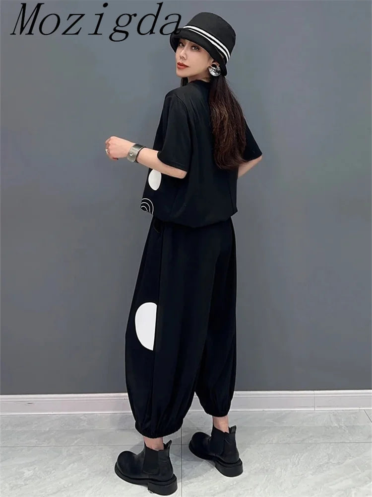 Polka Dot Striped Print 2 Two Piece Set Women Summer Casual Fashion Short Sleeve Ladies T-Shirts Loose Wide Leg Woman Pants