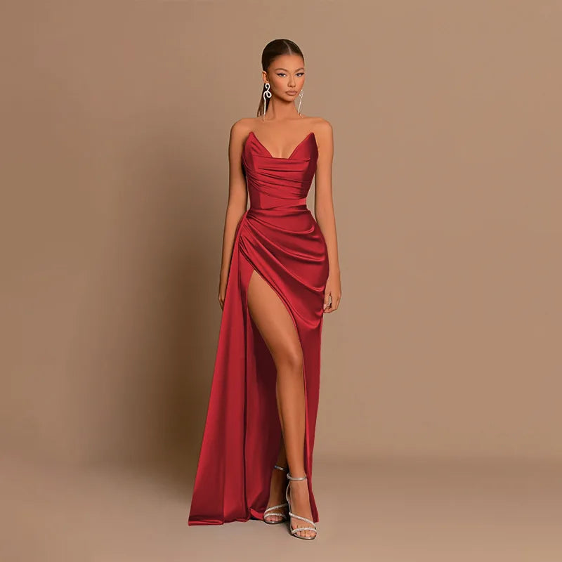 Elegant Strapless Solid Evening Gown Chic Satin Corset Dress for Women V-neck Split Blue Long Dress Lady Summer Party Dress up