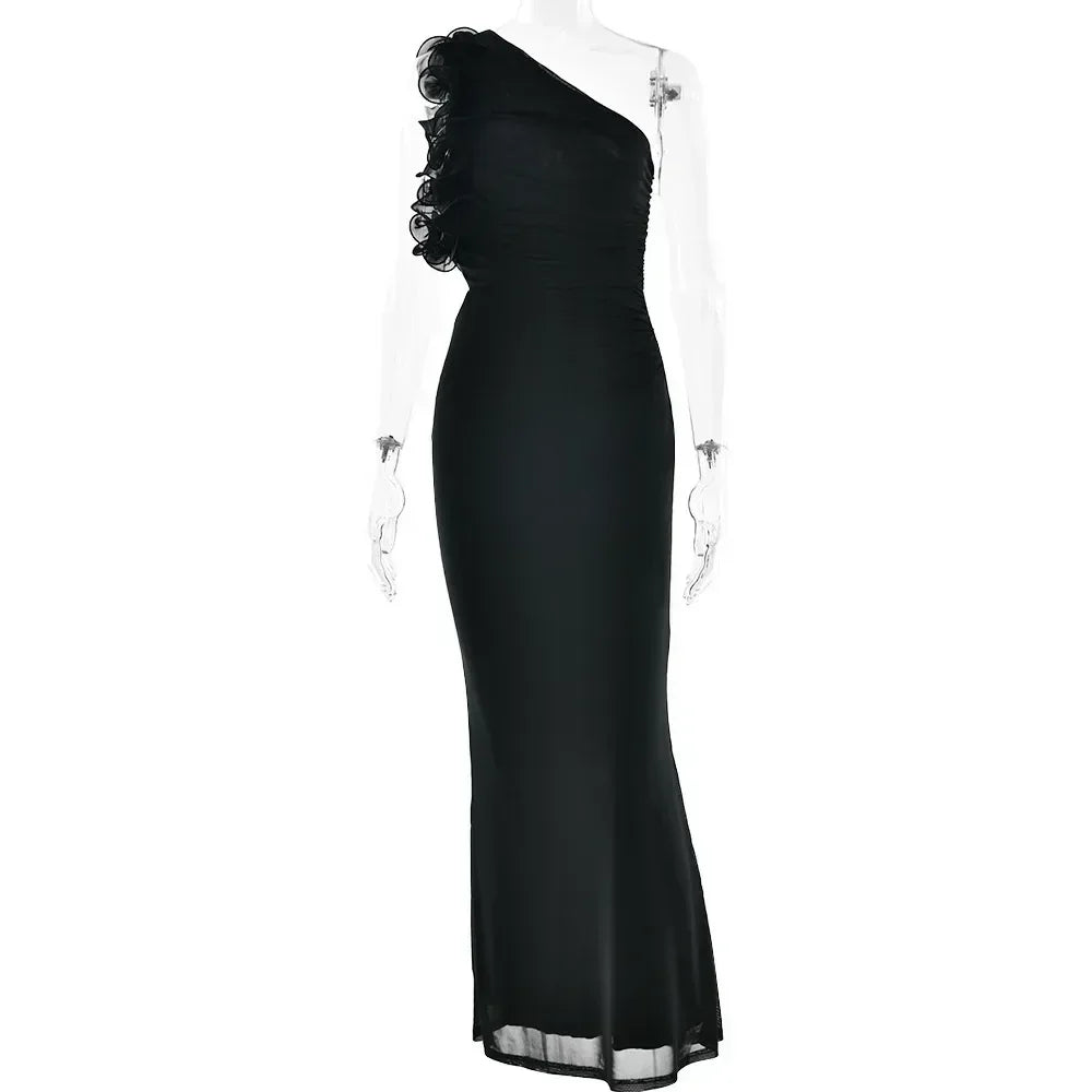 Articat Elegant Sleeveless Slant Shoulder Flower Dress Women Spring/Summer 2025 Sexy Mesh Wrap Hip Dress Party Evening Dress