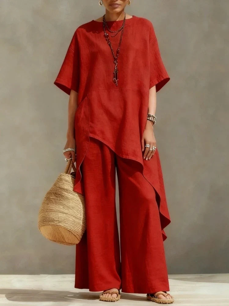Women Cotton Linen Pant Sets 2 Pieces Casual Half Sleeve Solid Loose Irregular Blouse Elastic Waist Wide Leg Full Trousers Suits