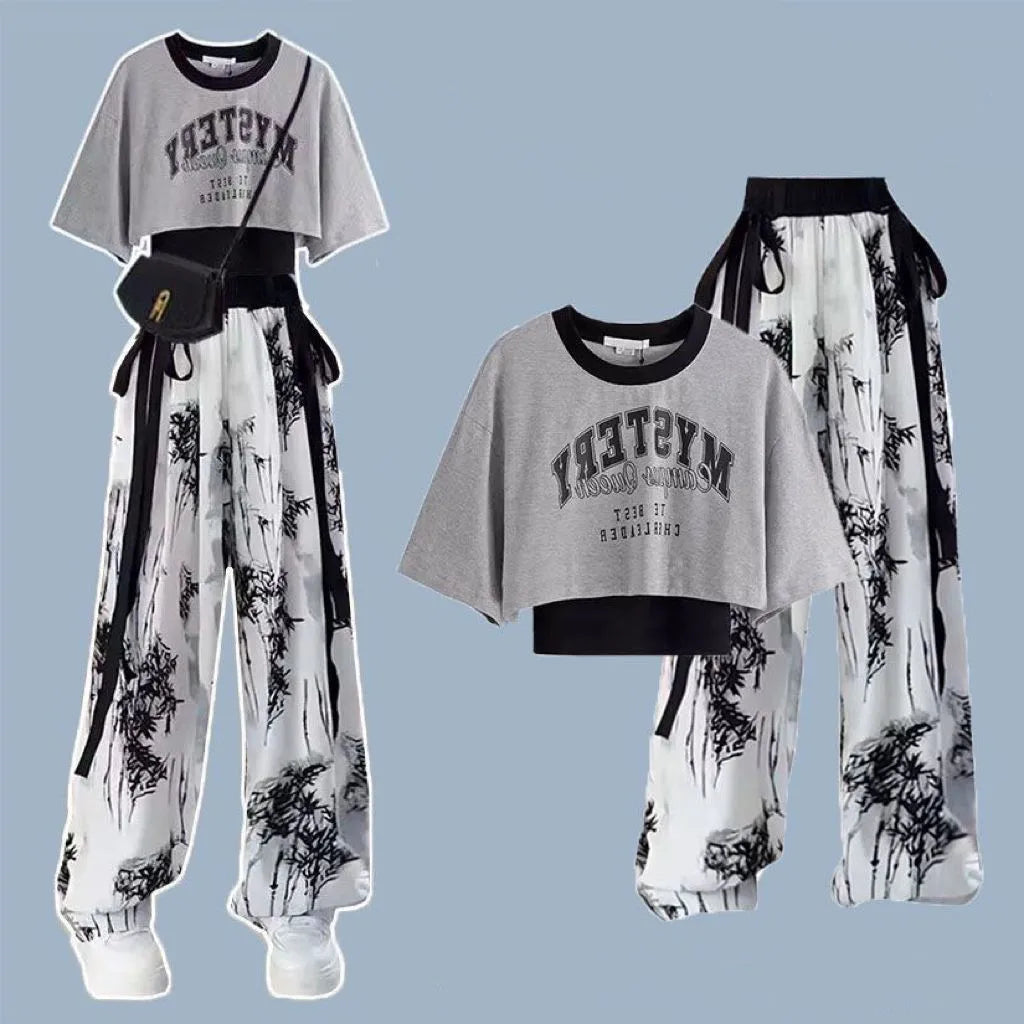 2024 Summer New Korean Style Short Sleeved T-shirt Top Ink Retro Printed Wide Feet Pants Two Piece Set Elegant Women's Pants Set
