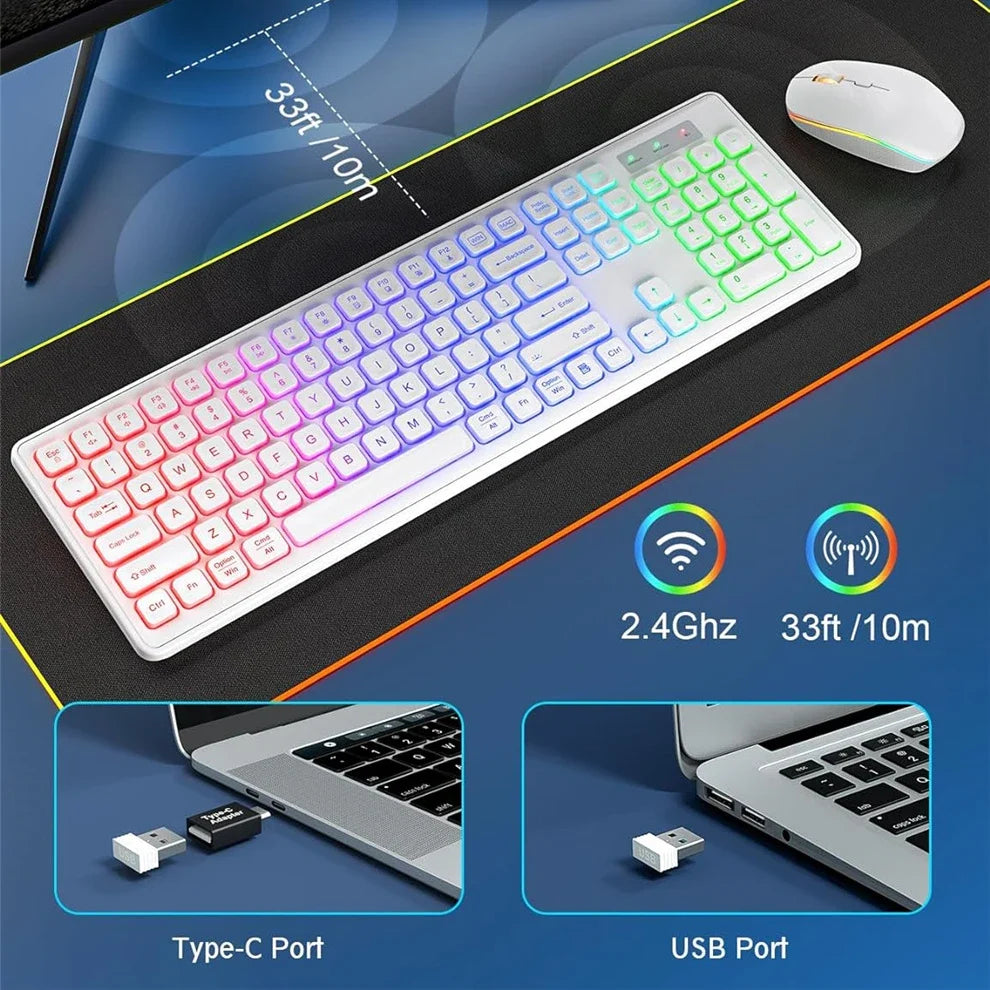 USB Wireless Keyboard and Mouse Set RGB Backlit Rechargeable Light Up Letters Full-Size Wireless Keyboard for Computer