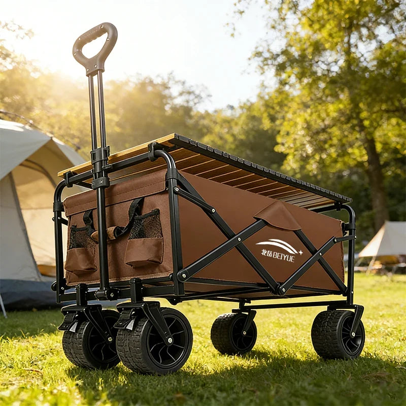 Heavy Duty Foldable Camping Wagon with Wooden Table Board All-Terrain Wheels Collapsible Utility Cart Large Capacity Portable