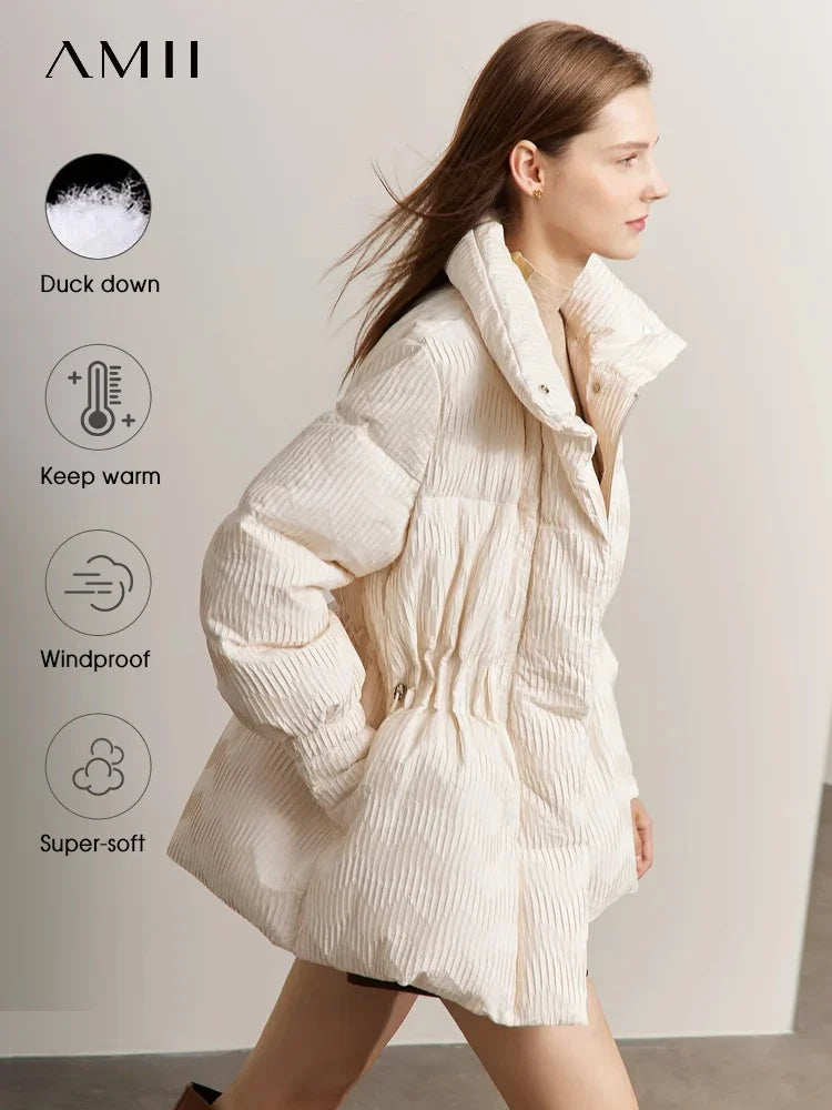 AMII Minimalist Duck Down Puffer Coat Women Winter 2026 Lightweight Stand Collar Lapel Warm Outerwear New Jackets 12344052