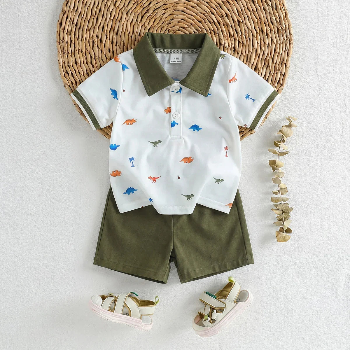 Baby Boy Polo 2‑Piece Set, Printed Lapel Short‑Sleeve Top With Solid Color Shorts, Casual Outfit For Summer Trip