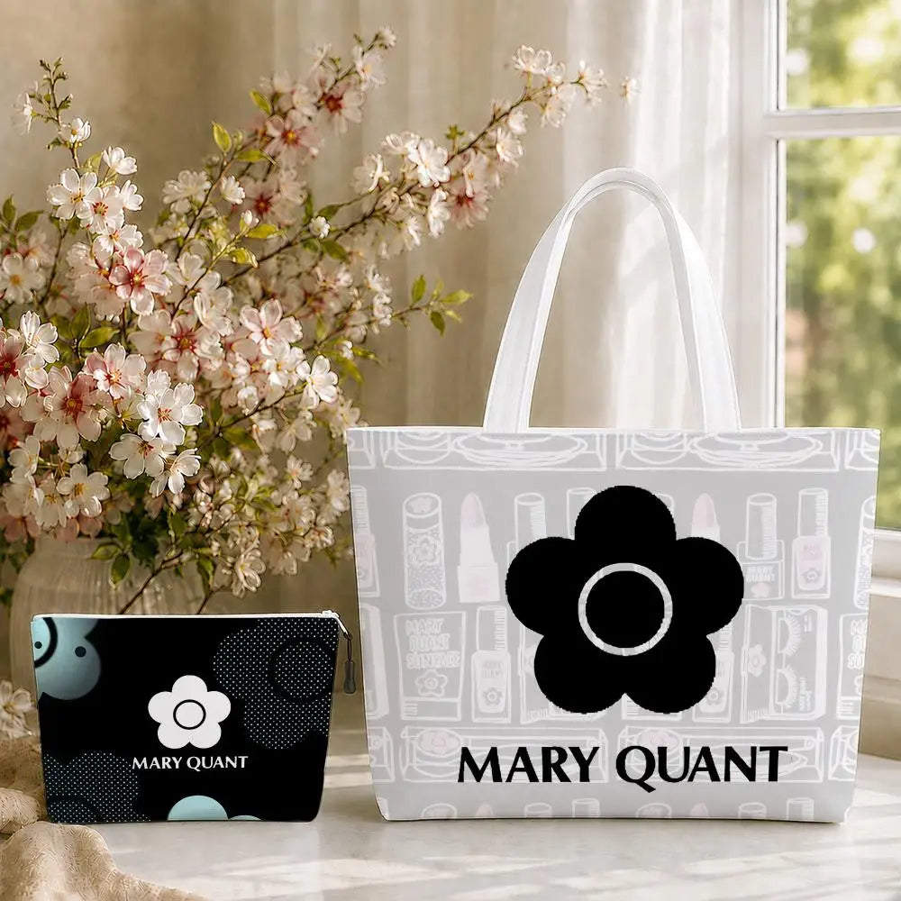 Fashion M-Mary Quant Storage Bags 2-Piece Canvas Tote Bag Set with Zipper Pouch Large Capacity Shopping Travel Bag