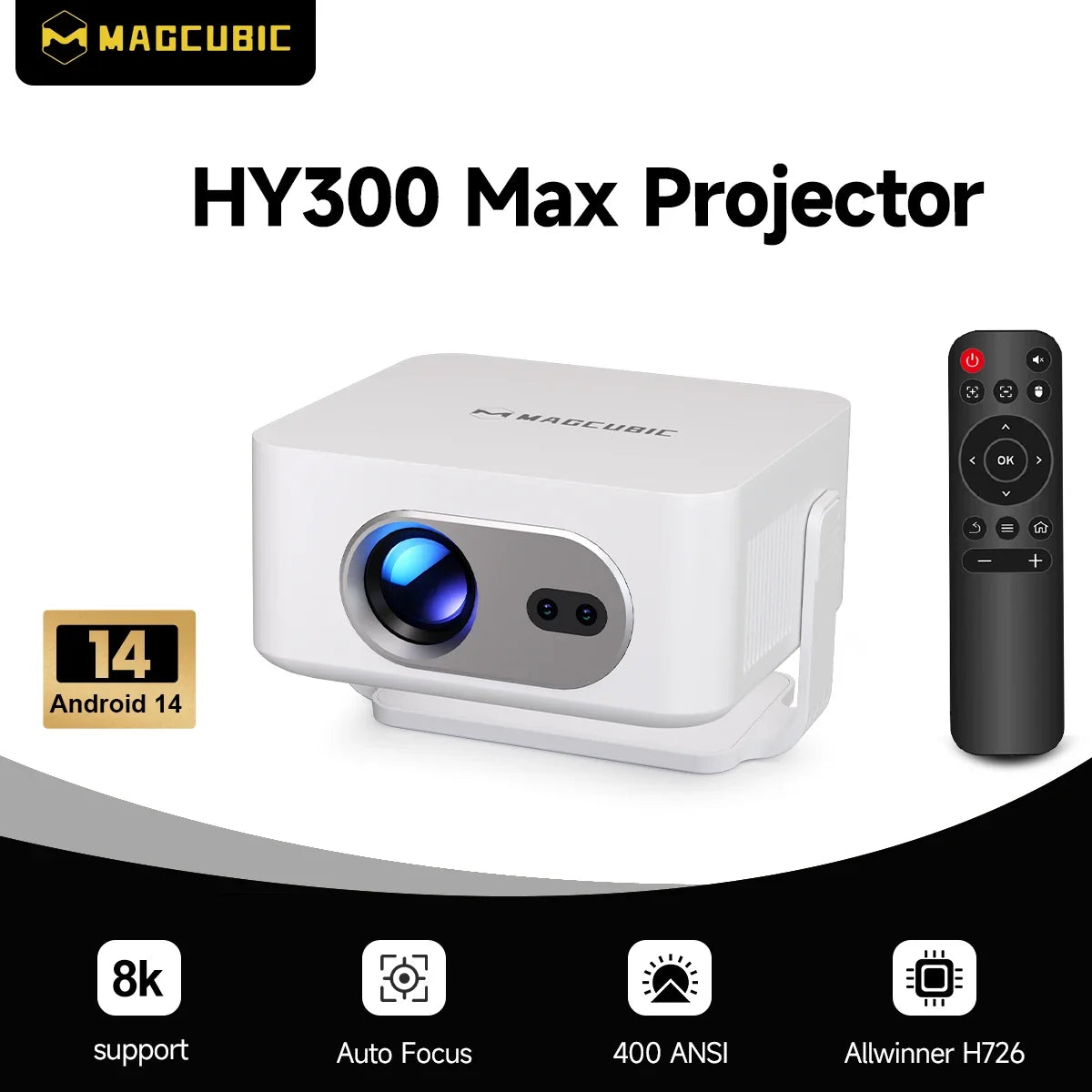 Magcubic 8K Native 4K Projector 400ANSI 14 Android Auto Focus Portable Outdoor HY300Max with Wifi6 BT5.4 Allwinner H726 720P