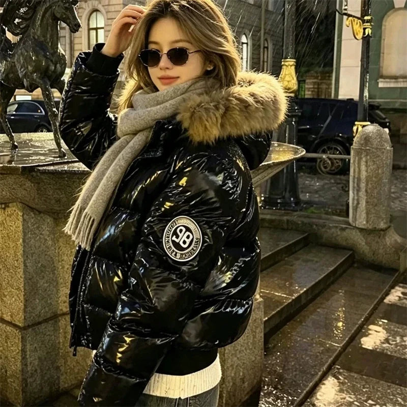 Russian Winter Warm Faux Fur Hooded Quilted Puffer Jacket Women Y2K Retro Padded Short Coat Casual Parka Glossy Outerwear куртка