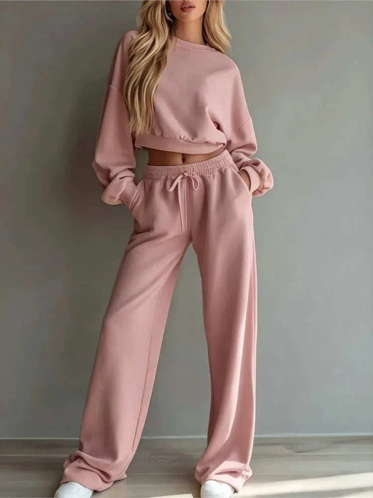 Autumn New Casual O Neck Long-sleeved Ultra-short Sweatshirt Trousers 2piece Set Women Fashion Casual Female Sports Trousers Set