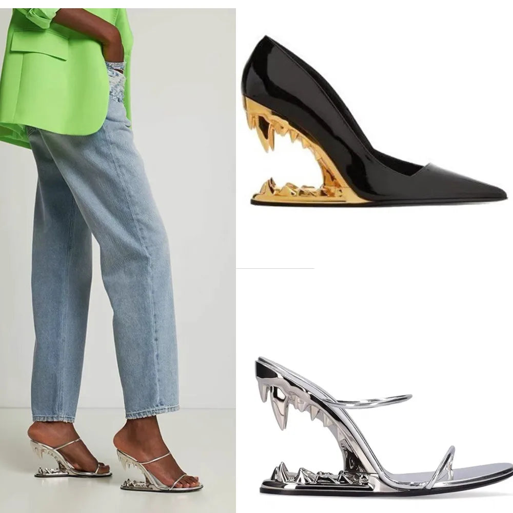 2026 Summer New Metal Tiger Teeth Single Shoes, High Heels, Fashion Show, Women's Wear, Size 44 Women's Sandals