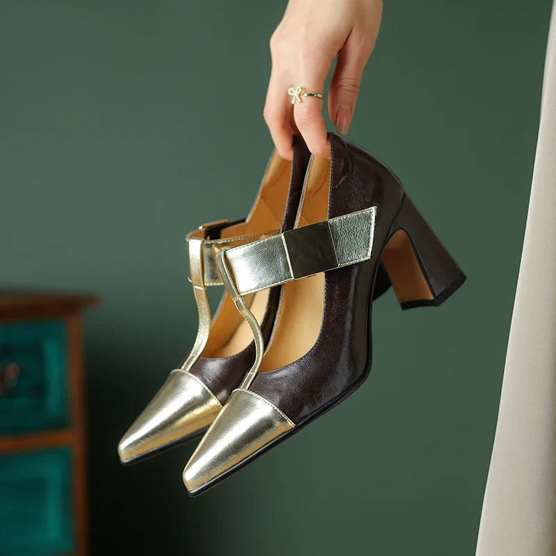 2025 Spring Mary Janes Women Shoes Pointed Toe Chunky Heel Pumps Genuine Leather Shoes for Women Elegant High Heels Buckle Heels