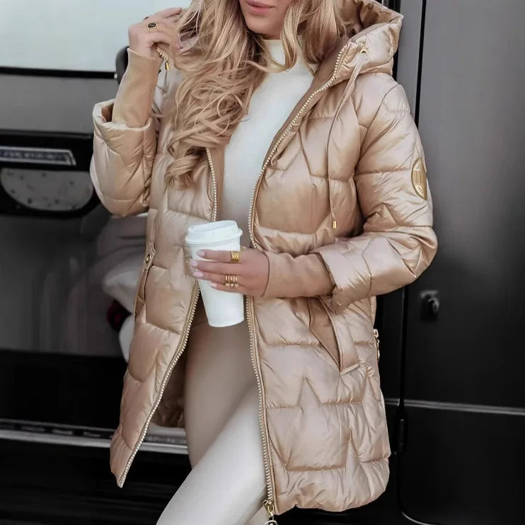 Parkas Coat Women Cotton Padded Jacket Hooded Outerwear Winter Thick Warm Pockets Zipper Puffer Windproof Mid Length Overcoat