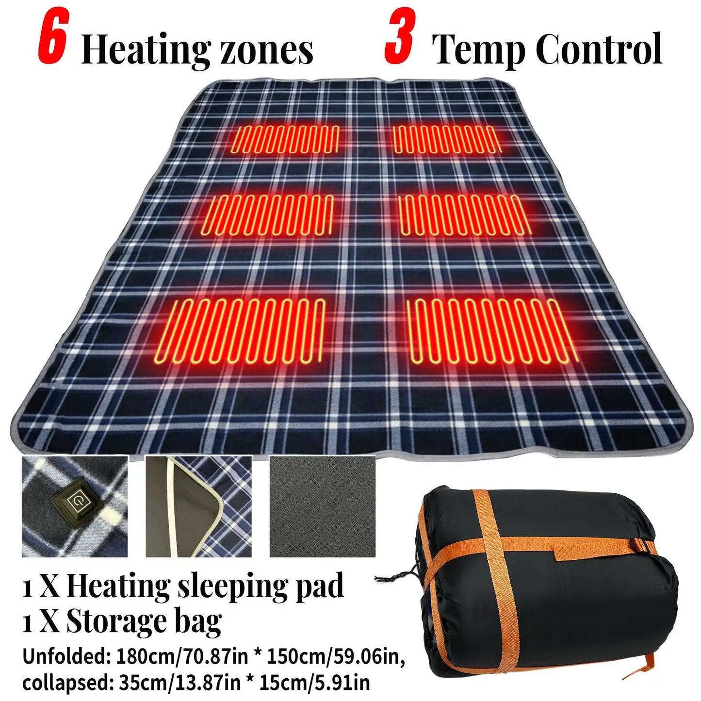Winter Camping Gear- Sleeping Electric Heating Pads 3 Temp Adjustament Heating Cushion Pad Cold Resistant for Outdoor Sports Mat
