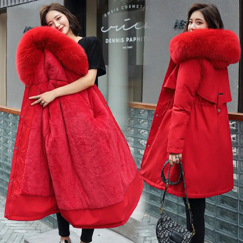 2026 New Winter Women Parka Fur Hooded Jackets Thicken Warm Cotton-padded Puffer Coat Casual Long Parkas Clothes Loose Outerwear