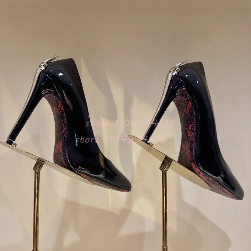 Gold Sword Shaped Pointed Stiletto Sandals Women Metal Decor Patent Leather High Heels Luxury Fashion One Strap Party Prom Shoes
