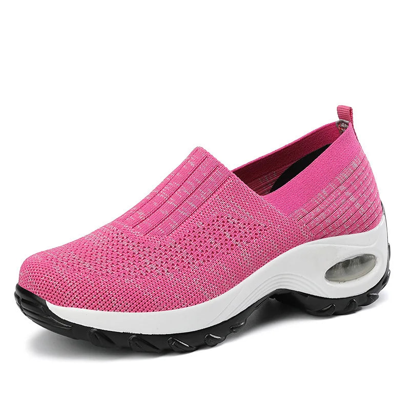 Breathable Mesh Slip-On Sports Shoes Comfortable Thick Bottom Heightening Walking Shoes for Women Casual round Toe Rubber Sole