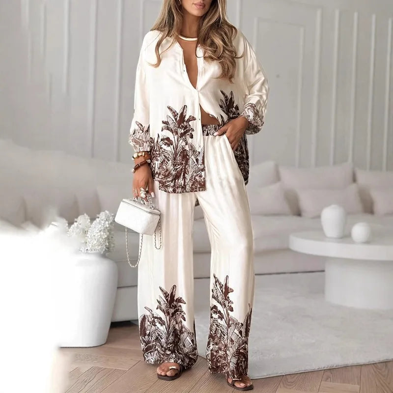 Elegant Women Loose Two Piece Set Chic Floral Print Long Sleeve Shirt Wide Leg Pants Set Bohemian Outfits Loungewear Pajamas Set