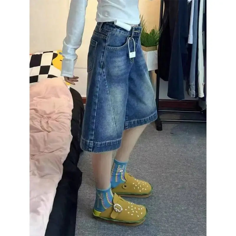 Blue Loose Wide Leg Denim Shorts Women's Summer New Design High Waist