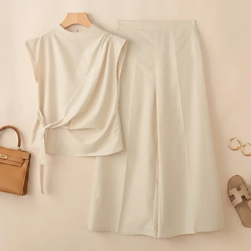 ZANZEA Summer Trousers Suit Short Sleeve Lace-Up Blouse Wide Leg Pant Sets Solid Color OL Work Outfit Fashion Women 2 Piece Sets